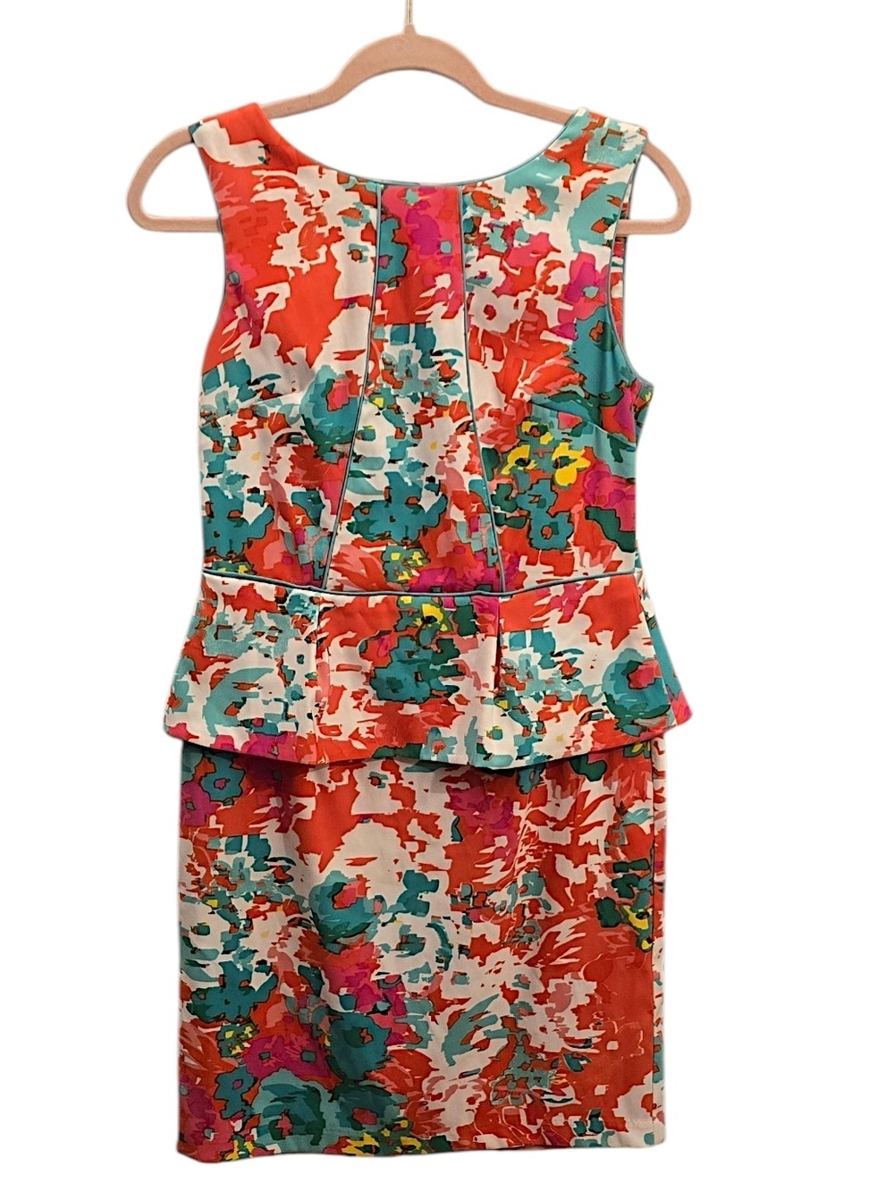 AGB Coral and Teal Floral Peplum Midi Dress